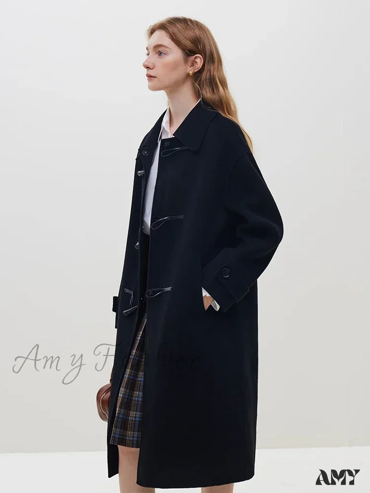 Horn Button College Style Red Camel Simple Mid-Length Black Wool Coat - Image 5