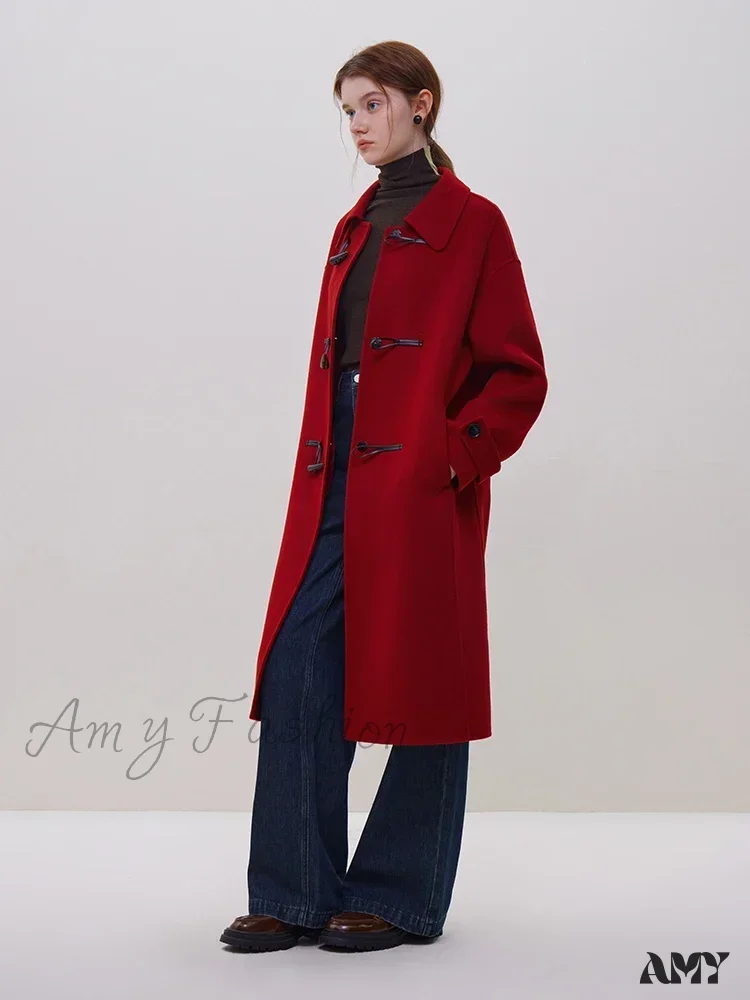 Horn Button College Style Red Camel Simple Mid-Length Black Wool Coat - Image 6