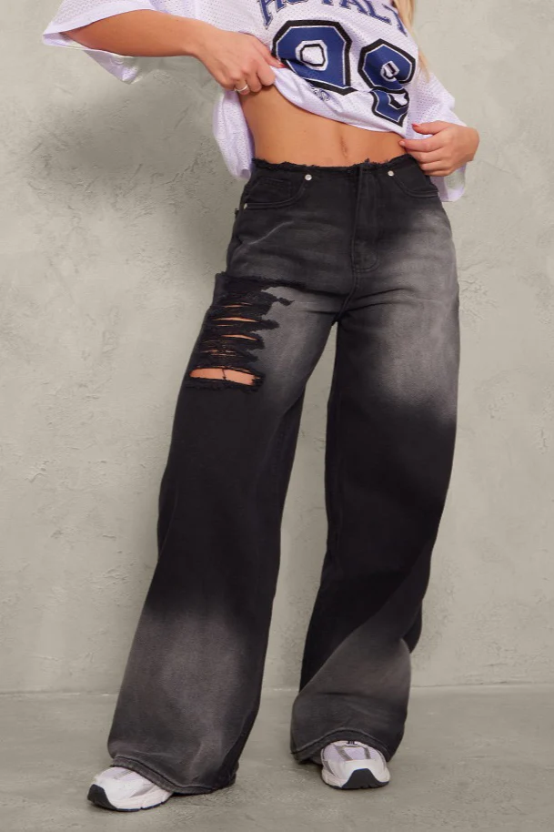 Ink Splatter Contrast Vintage Distressed Wide Leg Jeans - Image 5