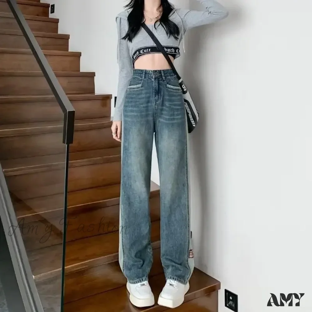 Amy Fashion - INS Zipper Versatile Japanese Washable New Style Spring And Autumn Natural Waist Wide Leg Fashion Jean