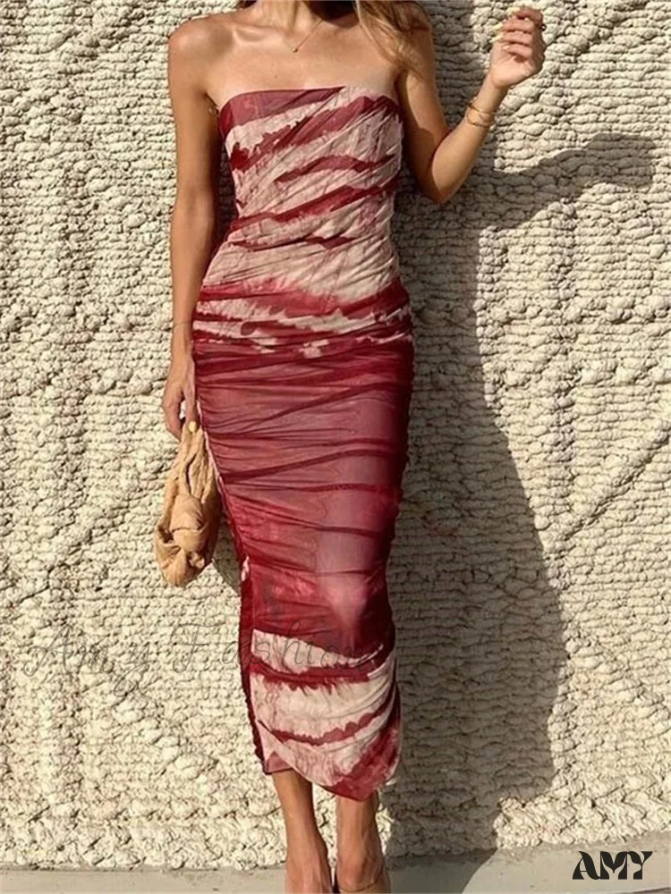Amy Fashion - Irregular Tie Dyeing Print  Tube for Women Summer Beach Party Clubwear Strapless Off Shoulder Ruched Dress - Image 2
