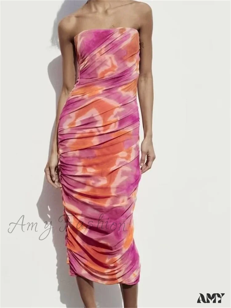 Amy Fashion - Irregular Tie Dyeing Print  Tube for Women Summer Beach Party Clubwear Strapless Off Shoulder Ruched Dress - Image 4