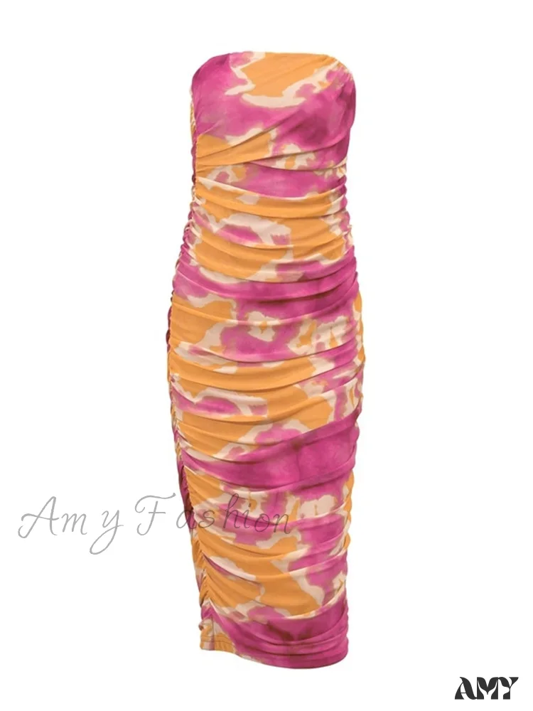 Amy Fashion - Irregular Tie Dyeing Print  Tube for Women Summer Beach Party Clubwear Strapless Off Shoulder Ruched Dress - Image 6