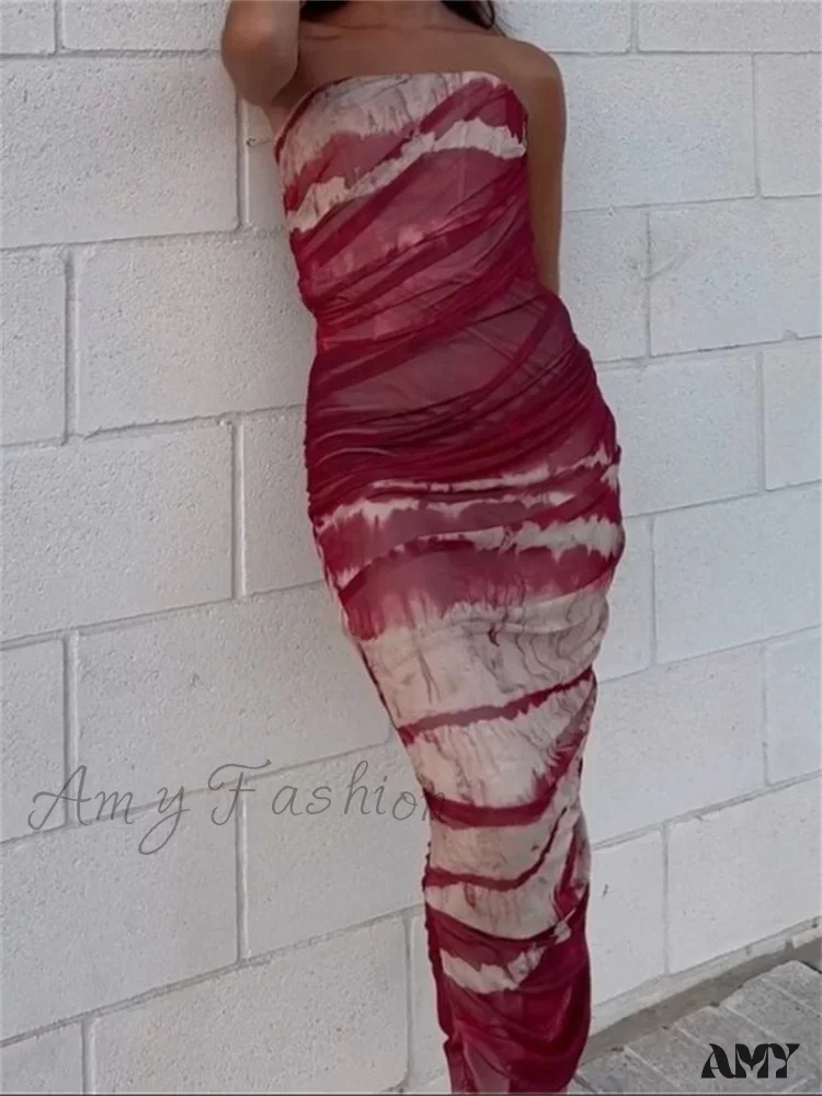 Amy Fashion - Irregular Tie Dyeing Print  Tube for Women Summer Beach Party Clubwear Strapless Off Shoulder Ruched Dress - Image 8