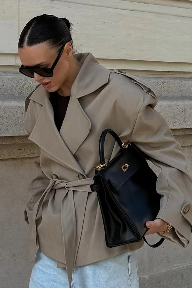 Khaki Lapel Belted Slim Long Sleeve Trench Coat - Image 2