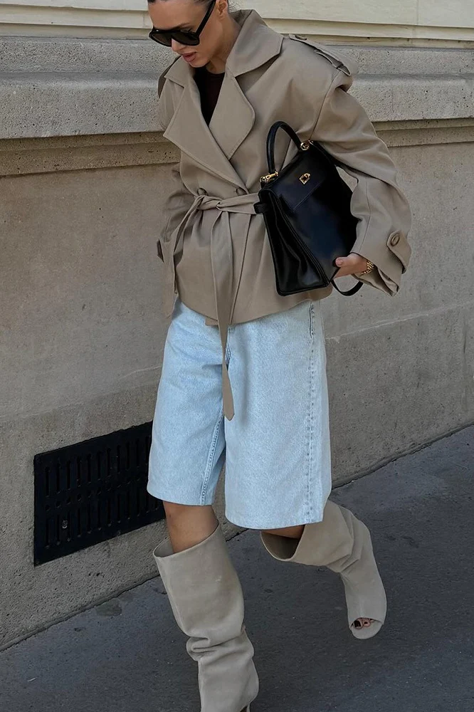 Khaki Lapel Belted Slim Long Sleeve Trench Coat - Image 5