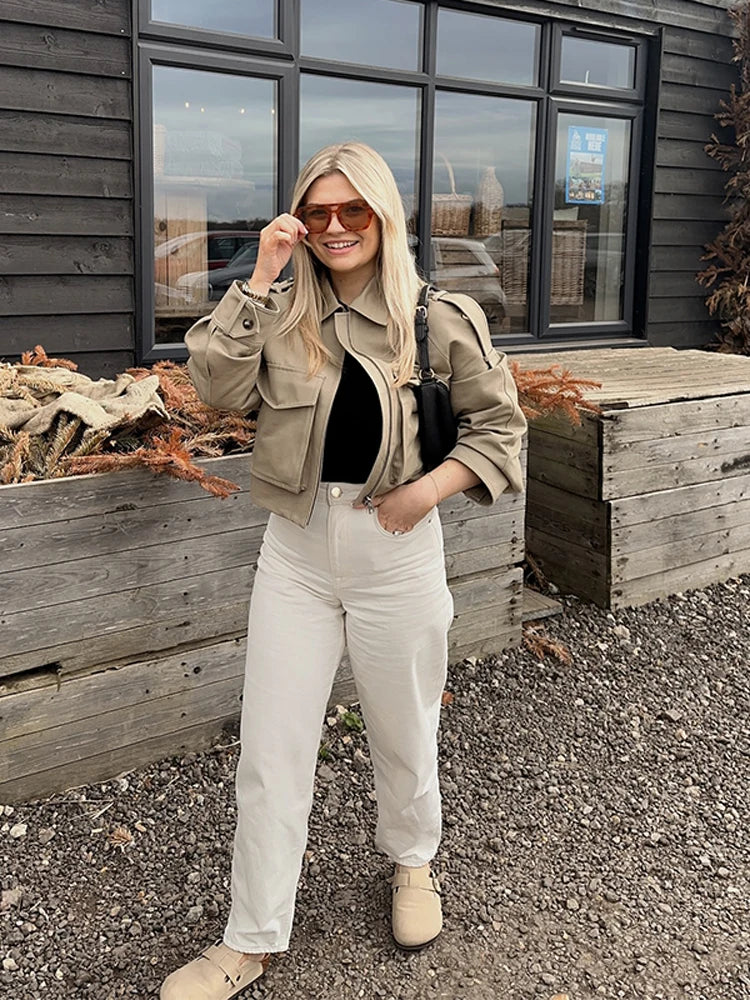 Khaki Short Thick Pocket Street Coat - Image 4