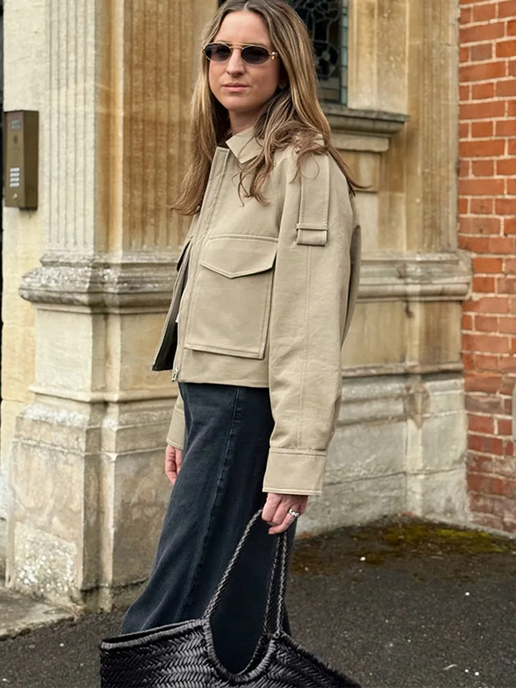 Khaki Short Thick Pocket Street Coat - Image 5