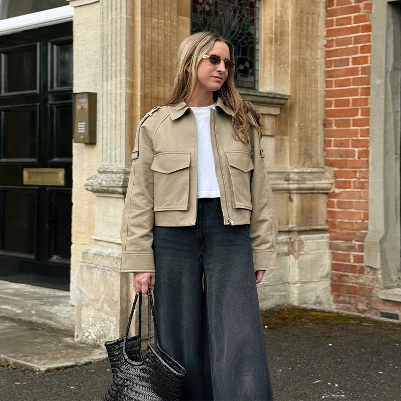 Khaki Short Thick Pocket Street Coat - Image 7