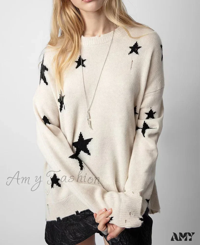 Knit Star Pattern Ripped Loose Round Neck Long Sleeve Casual Sweater - Image 2