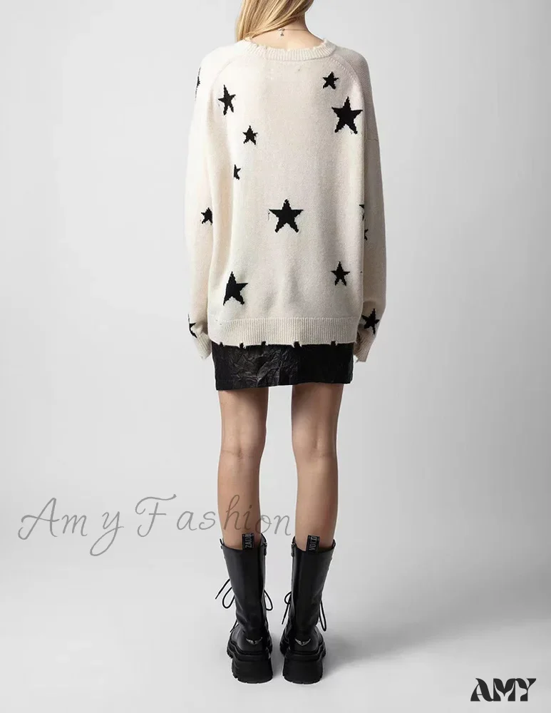 Knit Star Pattern Ripped Loose Round Neck Long Sleeve Casual Sweater - Image 3