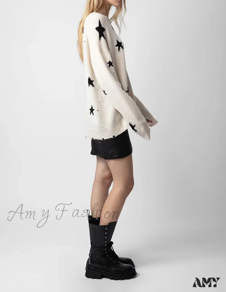 Knit Star Pattern Ripped Loose Round Neck Long Sleeve Casual Sweater - Image 4