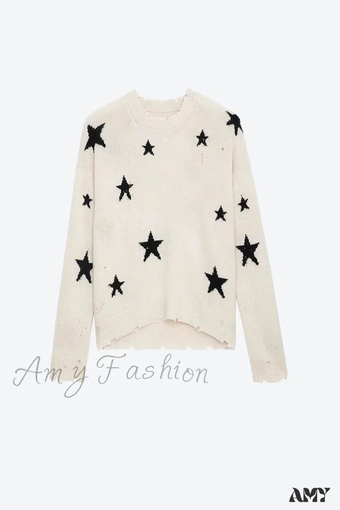 Knit Star Pattern Ripped Loose Round Neck Long Sleeve Casual Sweater - Image 5