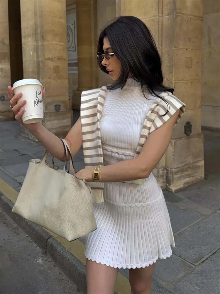 Knitted Pleated Wrap Skirt Two Piece Set - Image 3