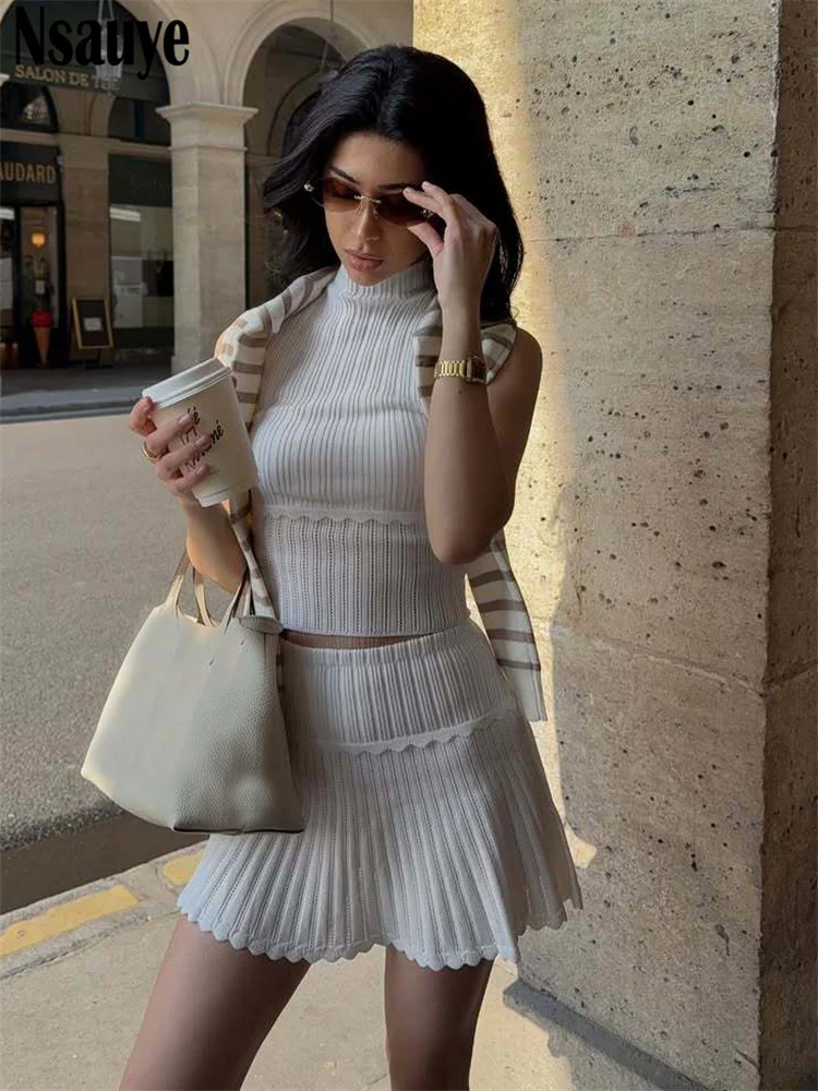 Knitted Pleated Wrap Skirt Two Piece Set - Image 7