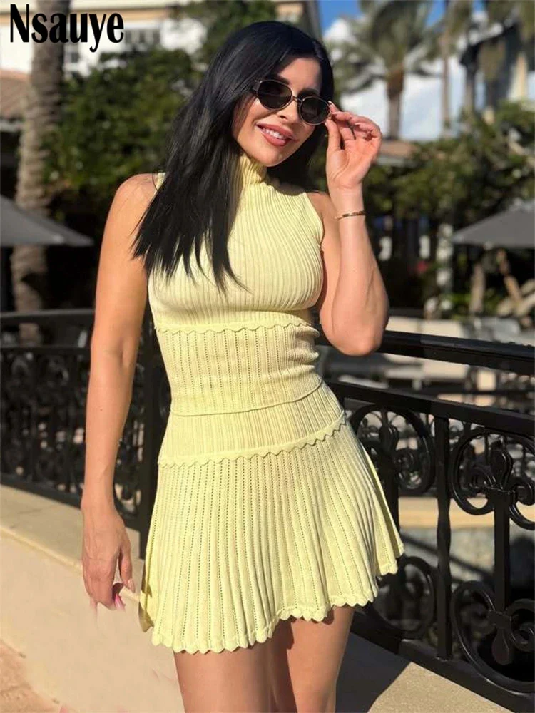 Knitted Pleated Wrap Skirt Two Piece Set - Image 8