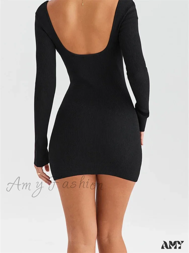 Amy Fashion - Knitted Ribbed Party Solid Long Sleeve Square Neck Mini Dress - Image 2