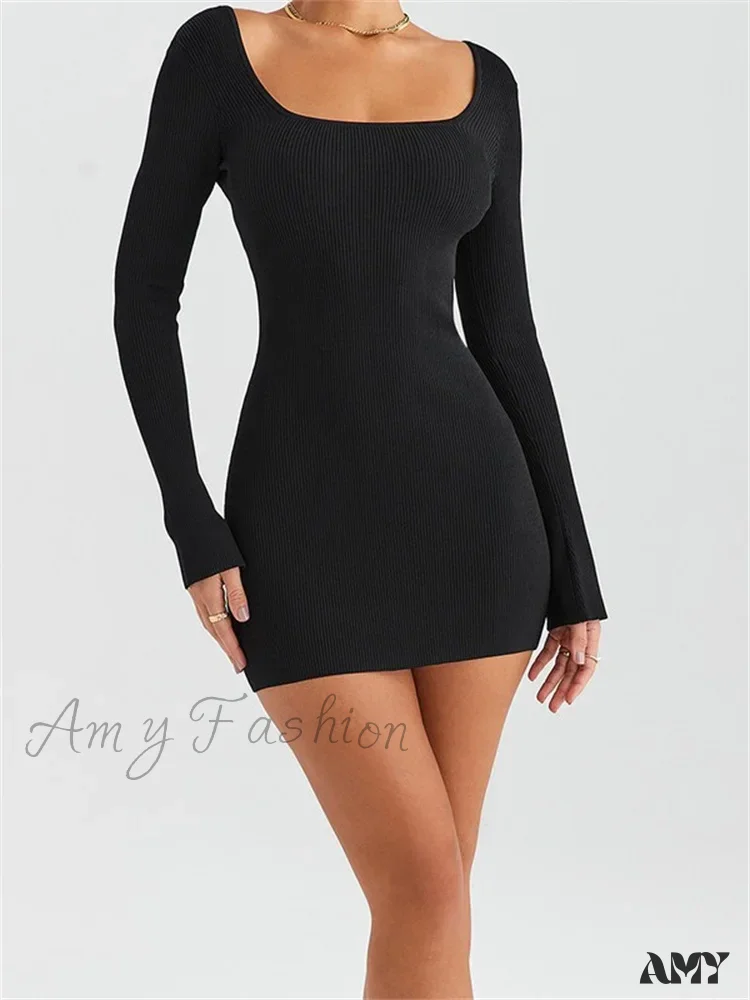 Amy Fashion - Knitted Ribbed Party Solid Long Sleeve Square Neck Mini Dress - Image 4