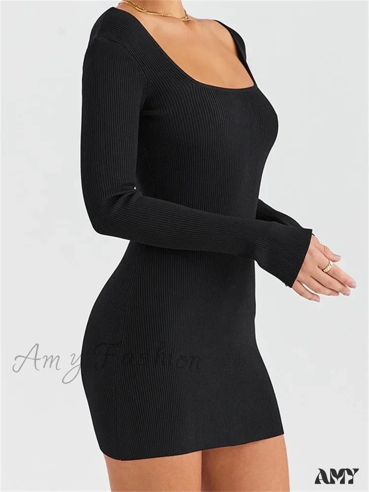 Amy Fashion - Knitted Ribbed Party Solid Long Sleeve Square Neck Mini Dress - Image 5