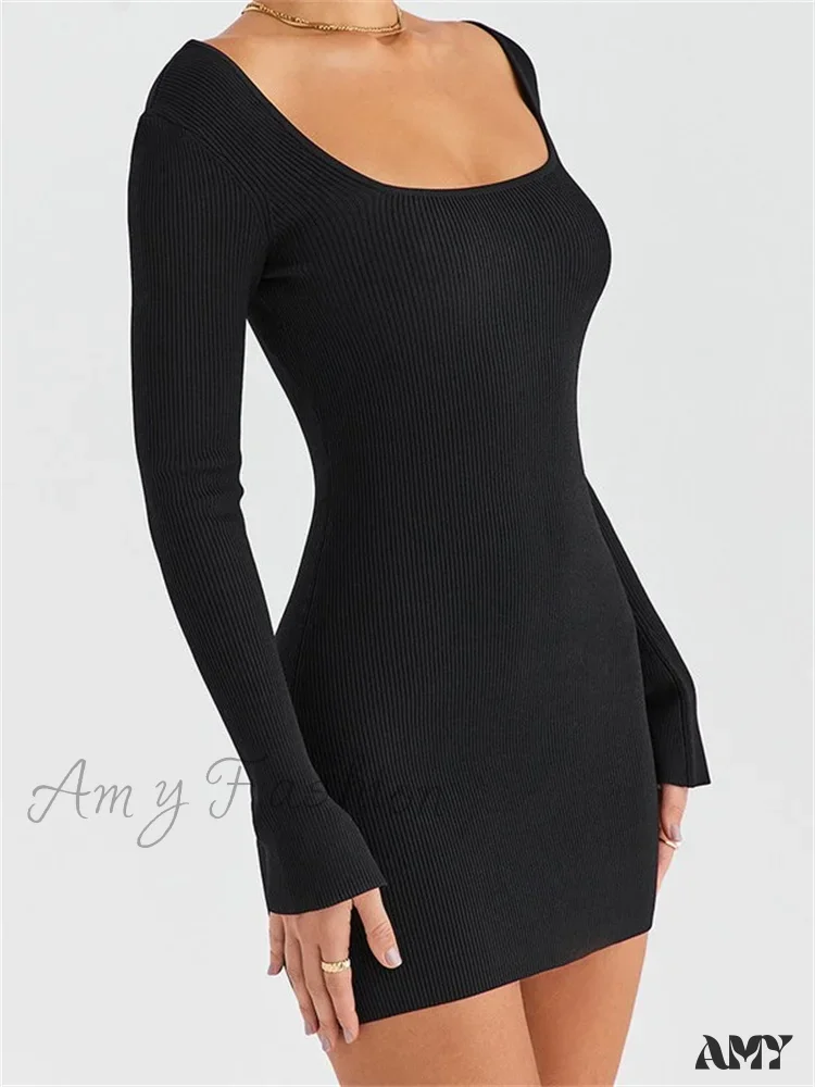 Amy Fashion - Knitted Ribbed Party Solid Long Sleeve Square Neck Mini Dress - Image 6
