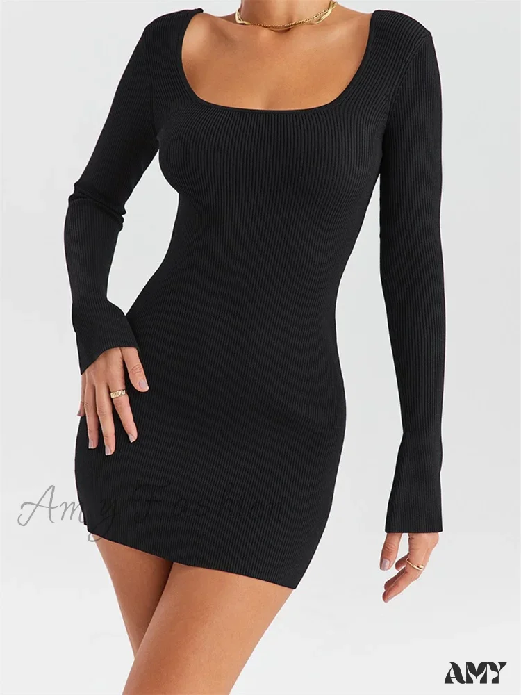 Amy Fashion - Knitted Ribbed Party Solid Long Sleeve Square Neck Mini Dress - Image 7