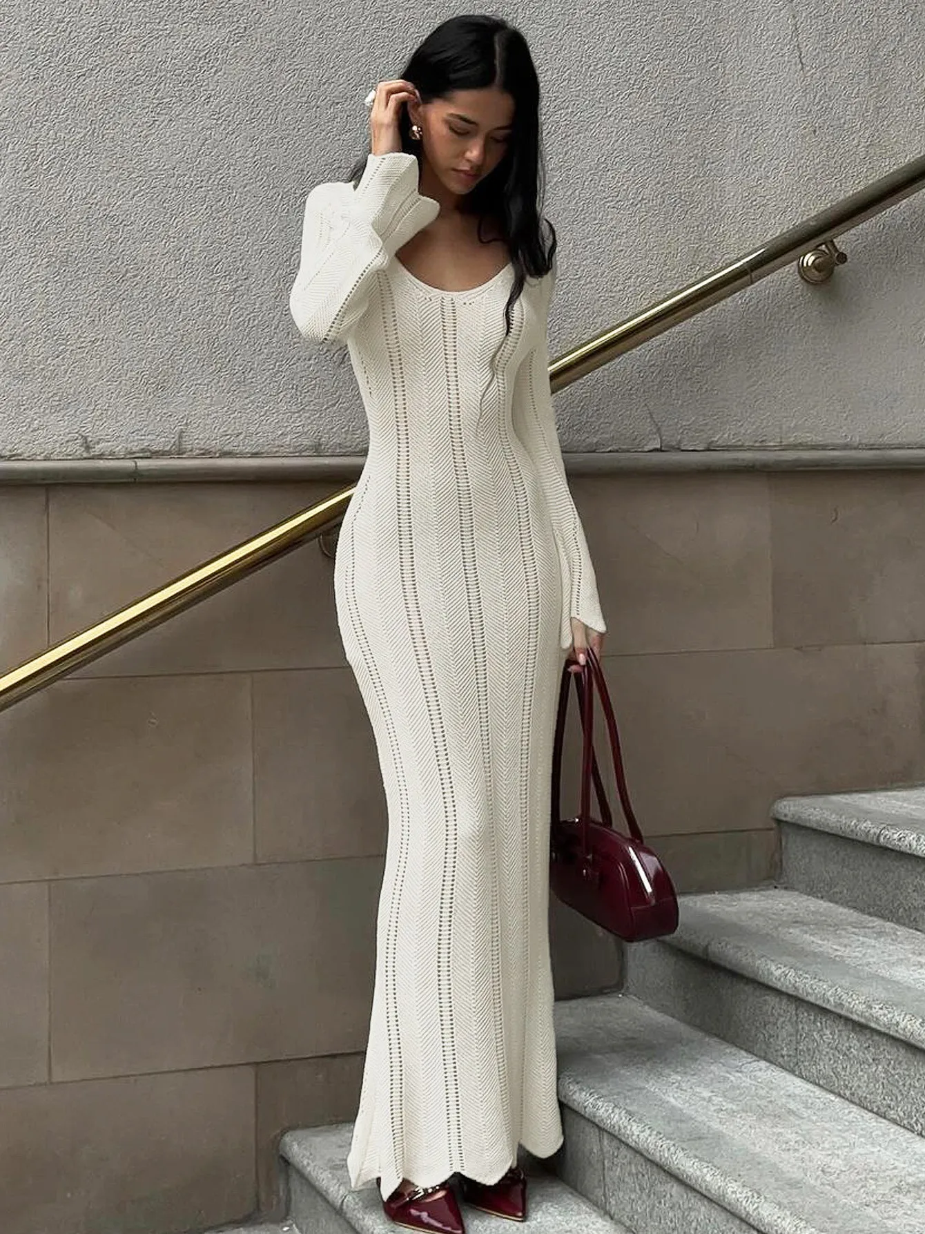Knitted Wool Long Sleeve Midi Dress - Image 5