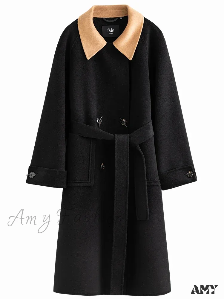 Korean Style Colorblock Lapel Double-sided Elegant Wind Mid-length Coat - Image 4