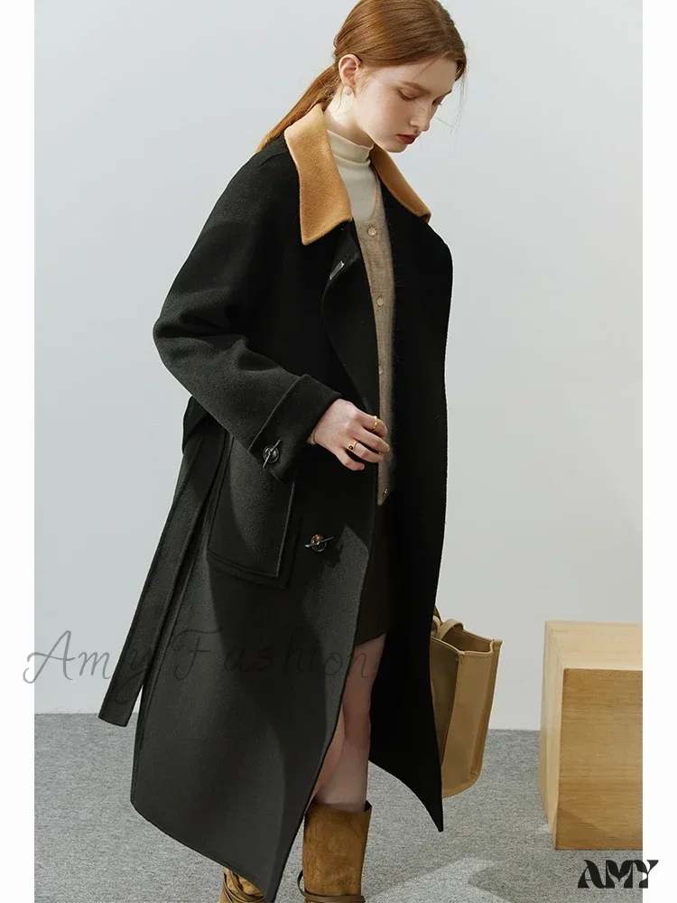 Korean Style Colorblock Lapel Double-sided Elegant Wind Mid-length Coat - Image 5