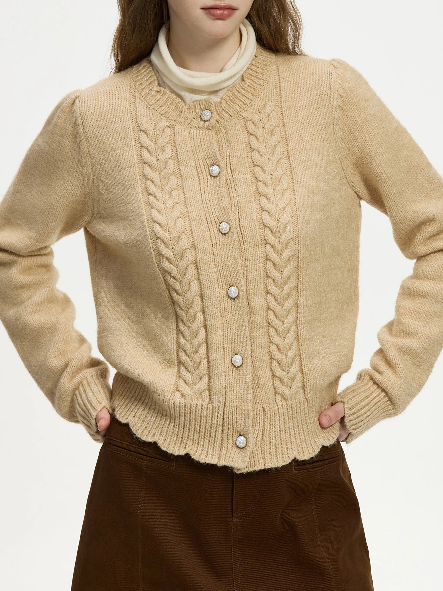 Lace Crescent Round Neck Knit Cardigan - Image 3