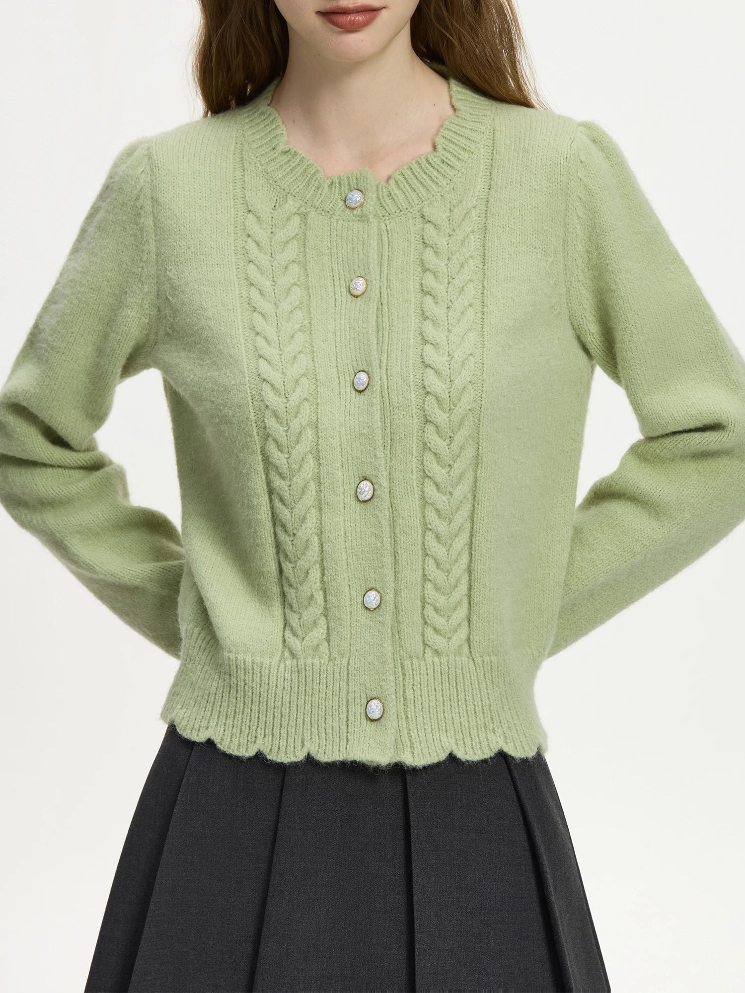Lace Crescent Round Neck Knit Cardigan - Image 4