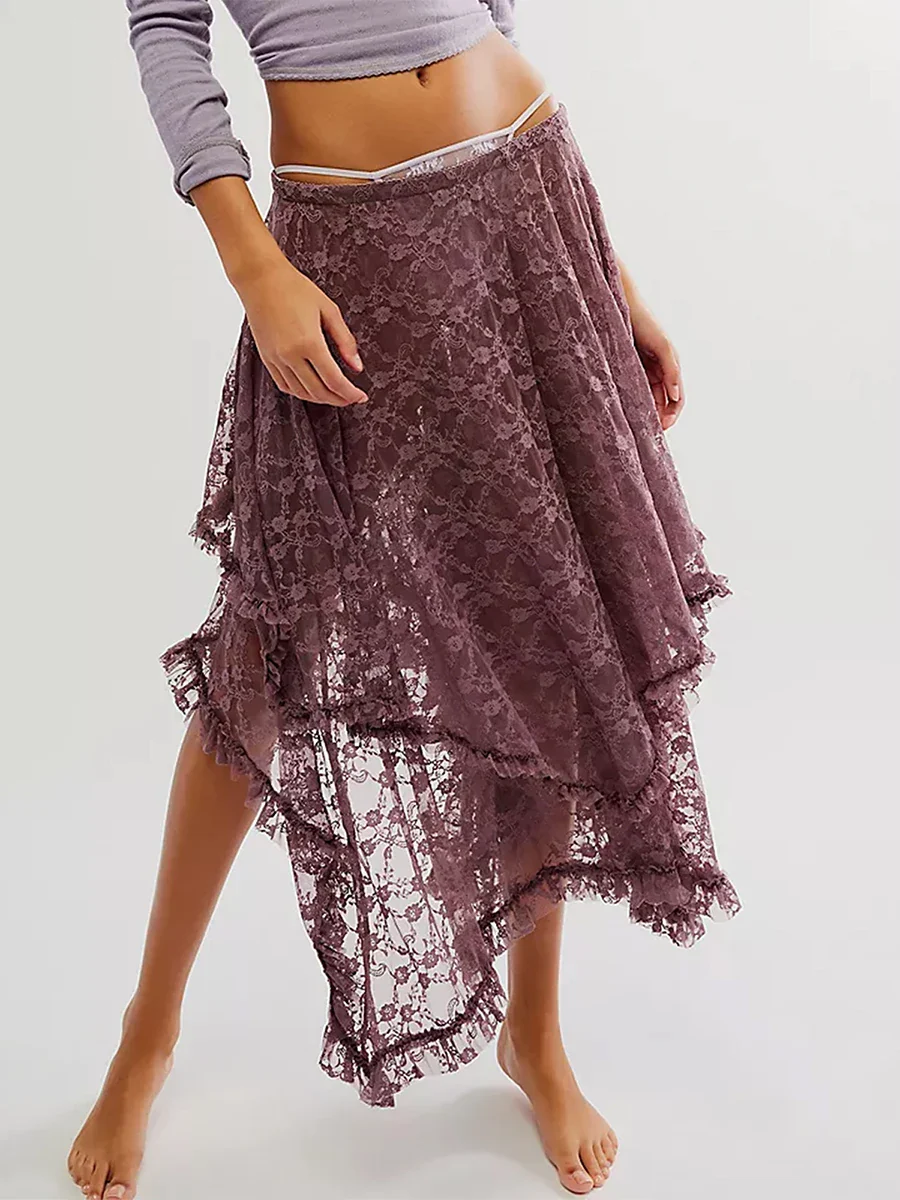 Lace Elastic Irregular Midi Skirt - Image 10