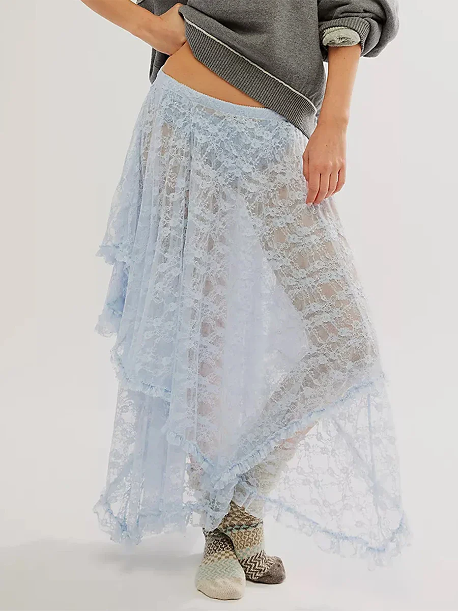 Lace Elastic Irregular Midi Skirt - Image 2