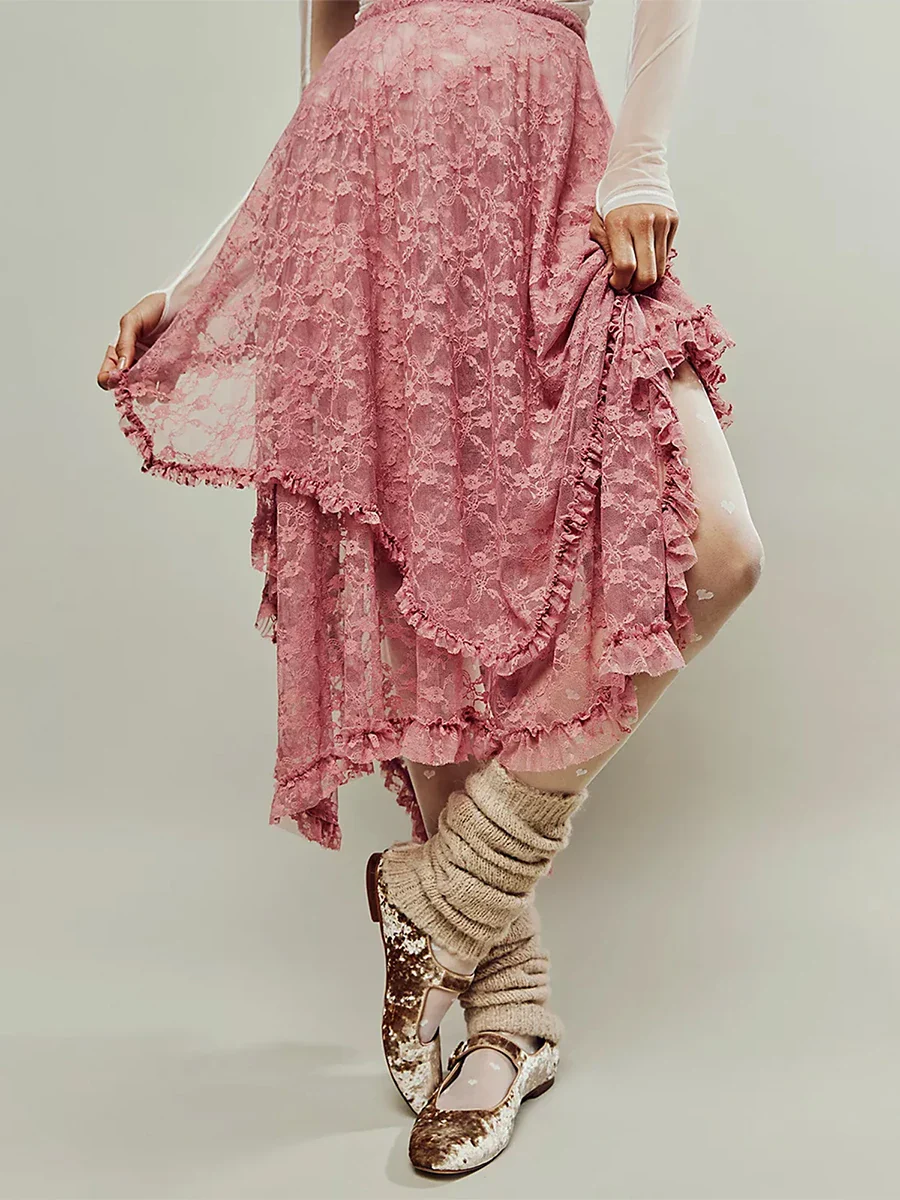 Lace Elastic Irregular Midi Skirt - Image 3