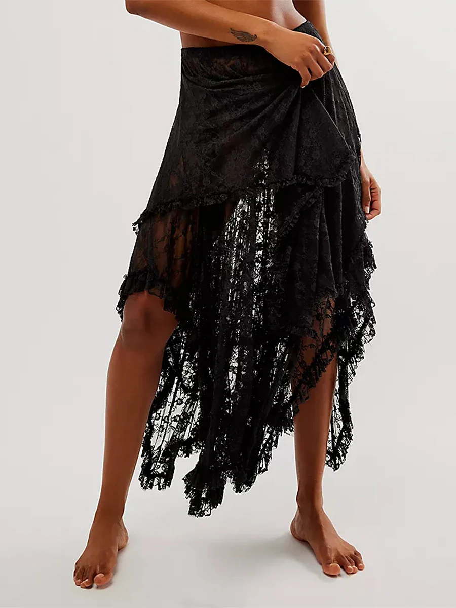 Lace Elastic Irregular Midi Skirt - Image 4