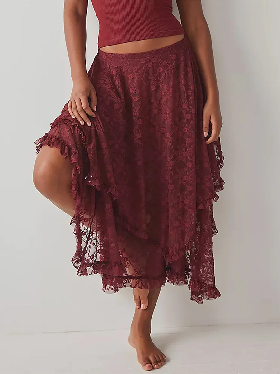 Lace Elastic Irregular Midi Skirt - Image 5