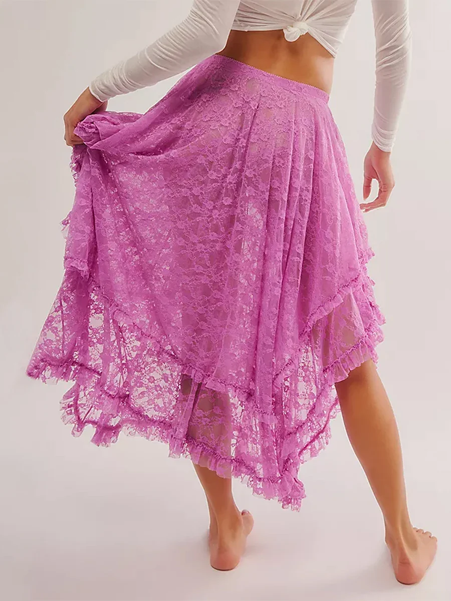 Lace Elastic Irregular Midi Skirt - Image 6