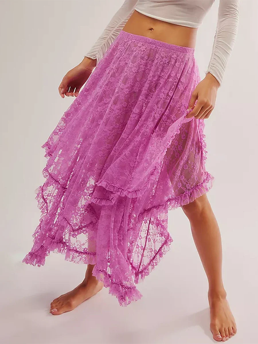 Lace Elastic Irregular Midi Skirt - Image 7