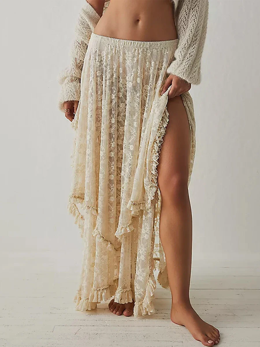 Lace Elastic Irregular Midi Skirt - Image 8