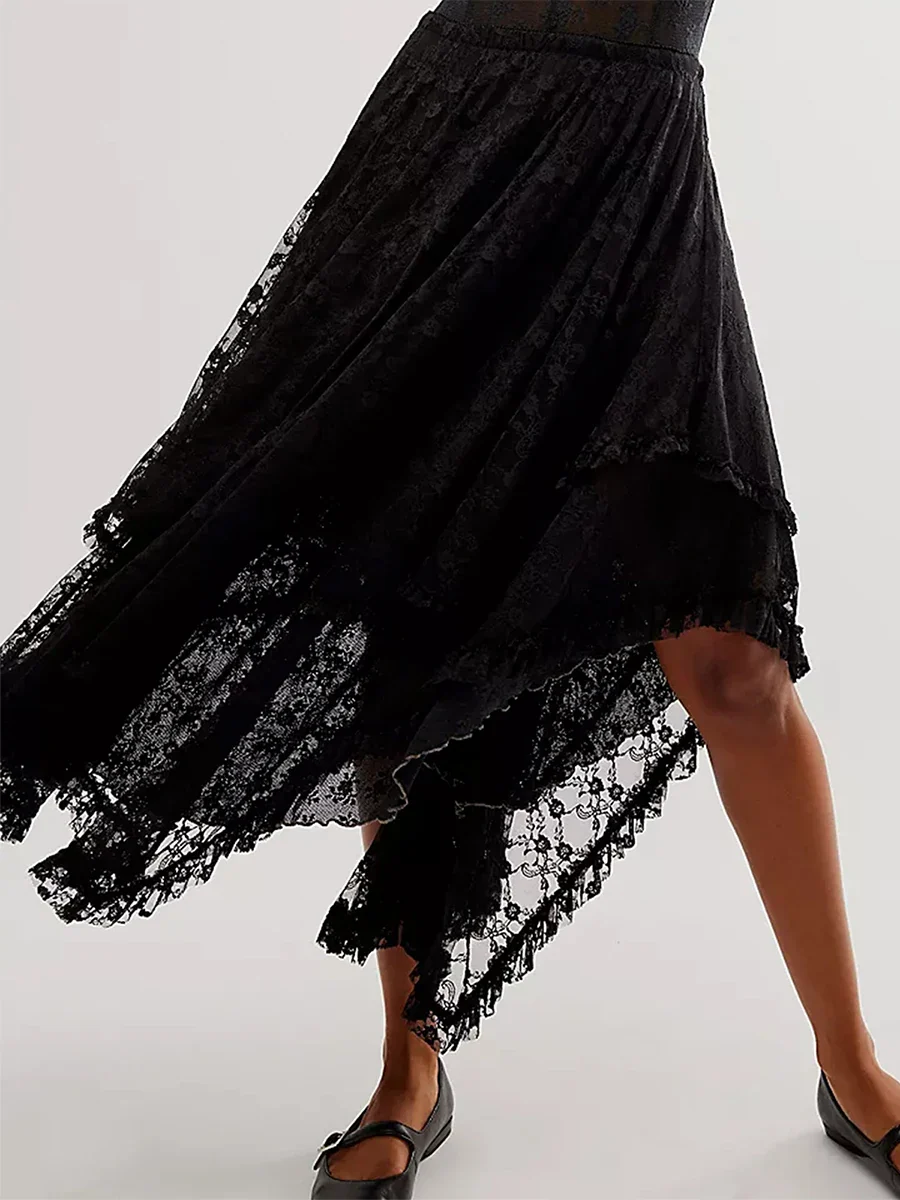 Lace Elastic Irregular Midi Skirt - Image 9
