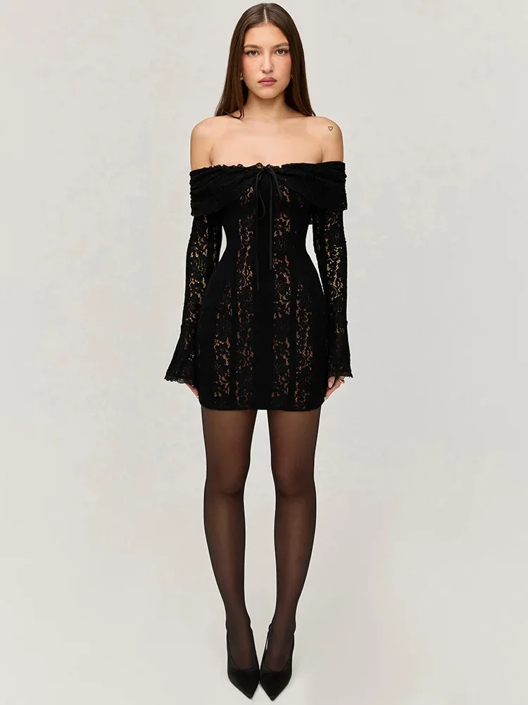 Lace Flare Sleeve One Shoulder Dress - Image 7