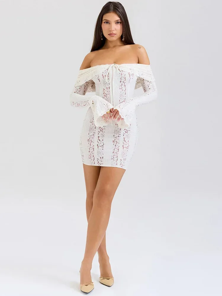 Lace Flare Sleeve One Shoulder Dress - Image 8