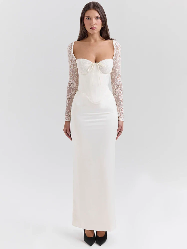 Lace Long Sleeve Back Split Bodycon Dress - Image 4