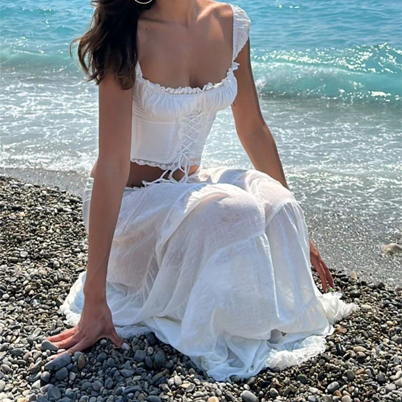 Lace Off Shoulder Long Skirt Two Piece Set - Image 3