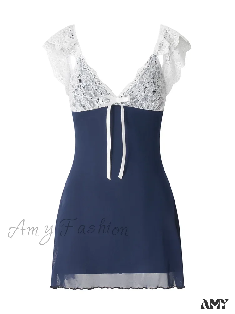 Amy Fashion - Lace Patchwork Deep V neck Sleeveless Strap Mini Dress - Image 6