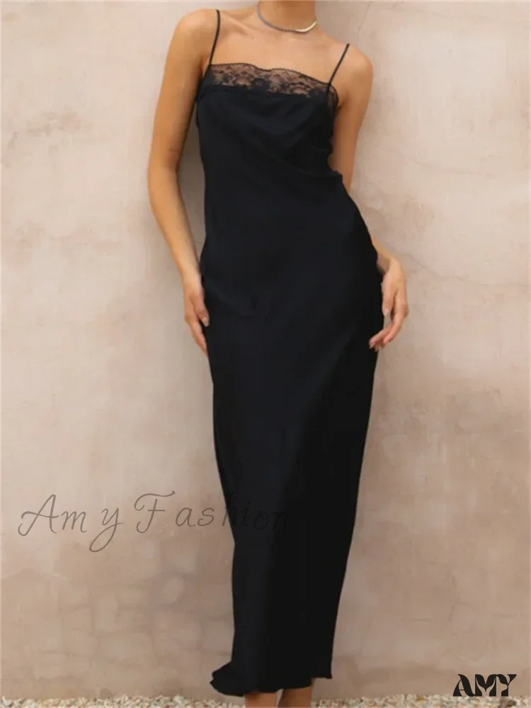 Amy Fashion - Lace Patchwork for Women Square Neck Sleeveless Strap Black Summer Party Female Vestidos Clubwear
