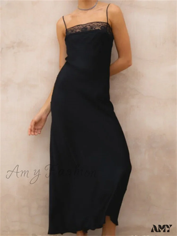 Amy Fashion - Lace Patchwork for Women Square Neck Sleeveless Strap Black Summer Party Female Vestidos Clubwear - Image 2
