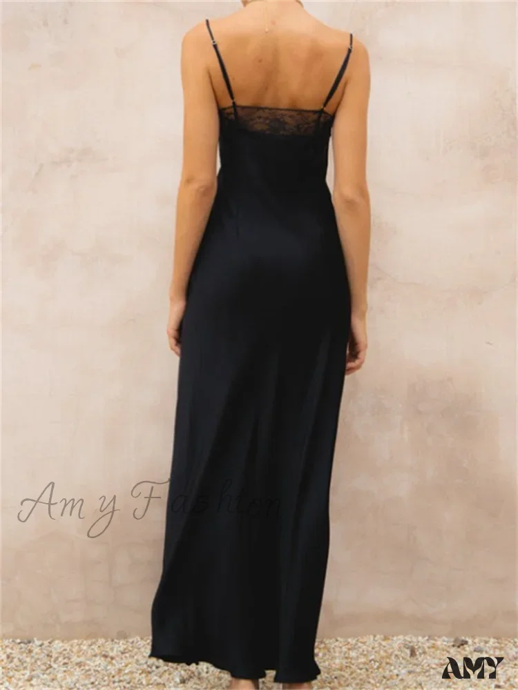 Amy Fashion - Lace Patchwork for Women Square Neck Sleeveless Strap Black Summer Party Female Vestidos Clubwear - Image 4