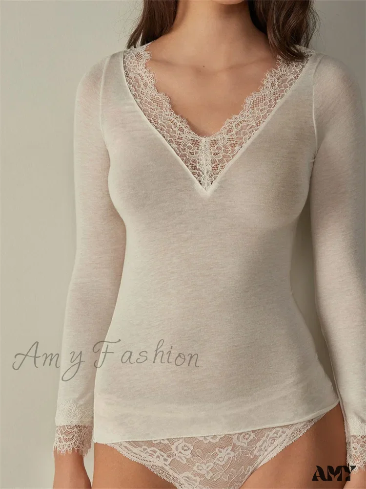 Amy Fashion - Lace Patchwork Long Sleeve V-neck Casual T-shirts