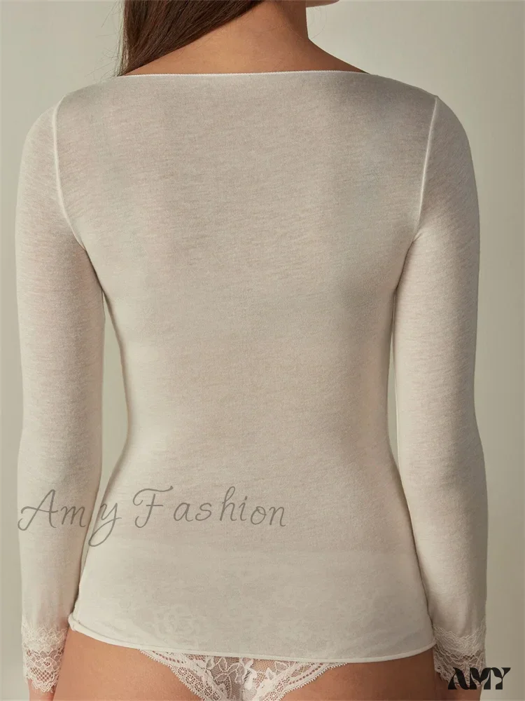 Amy Fashion - Lace Patchwork Long Sleeve V-neck Casual T-shirts - Image 2