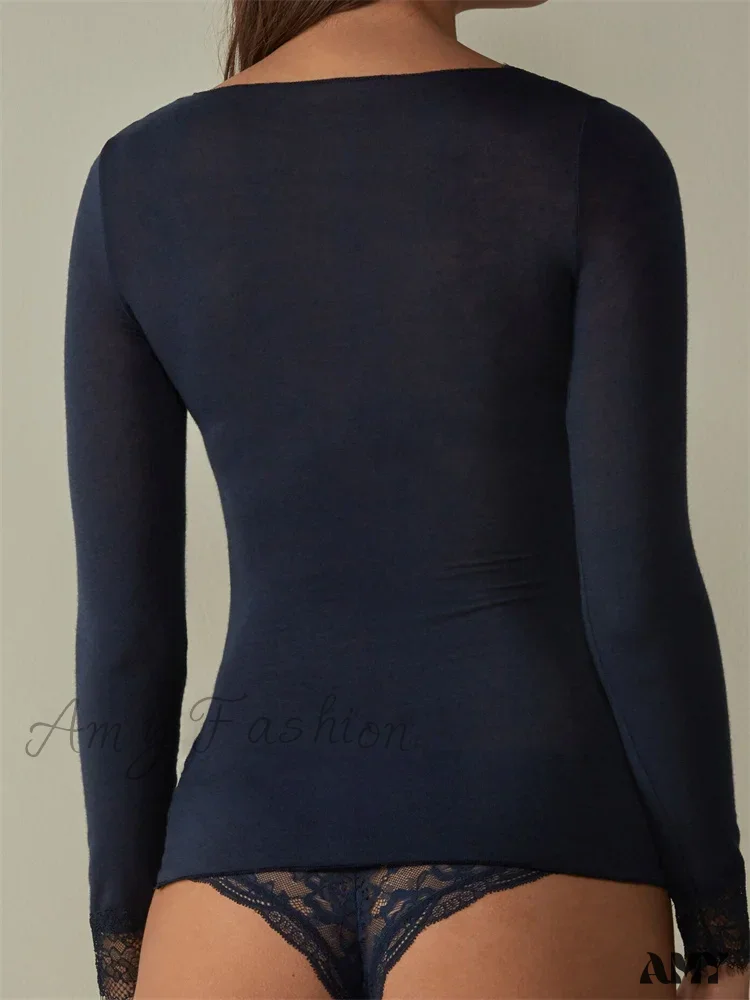Amy Fashion - Lace Patchwork Long Sleeve V-neck Casual T-shirts - Image 4